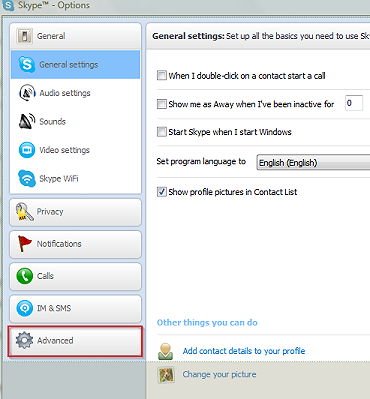 Skype Avanced Options